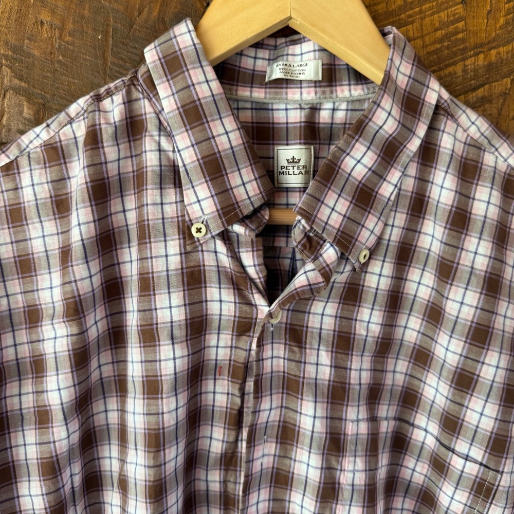 Peter Millar Button Down Shirt Mens XL Brown Pink Plaid Cotton Long Sleeve Pocke